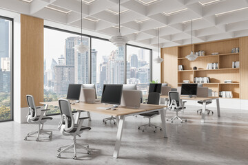 Modern office interior with workstations, large windows, and city view, clean and minimalistic design. 3D Rendering