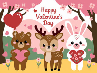 Naklejka premium Cute woodland animals with hearts for valentine's day celebration under cherry blossoms
