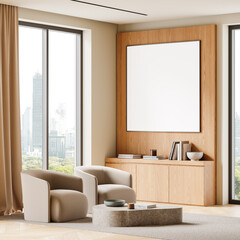 Modern apartment interior with cozy seating area and large windows showcasing urban skyline, beige chairs, and minimalist decor. 3D Rendering