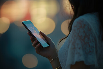 A woman wearing a yellow coat and knitted fingerless gloves is using a smartphone at night.