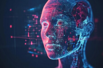A human-like face constructed from digital patterns and glowing lines showcases the blend of technology and artistry. The vibrant colors suggest advanced artificial intelligence concepts
