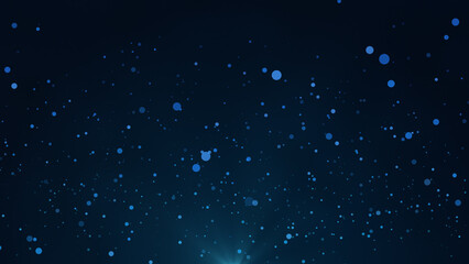 Blue bokeh particles floating in the air on a dark background, horizontal composition. Light rays at the bottom.