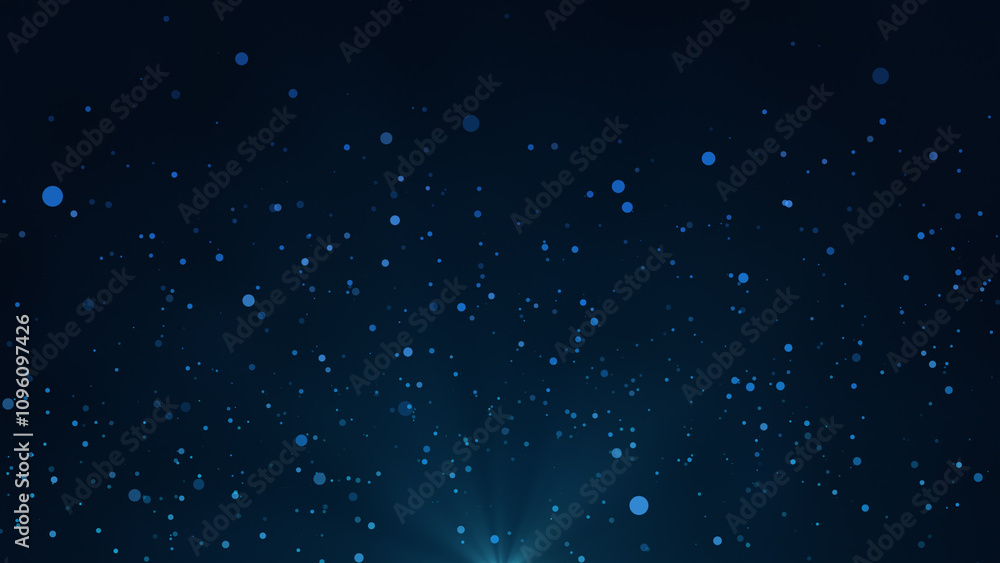 Poster blue bokeh particles floating in the air on a dark background, horizontal composition. light rays at