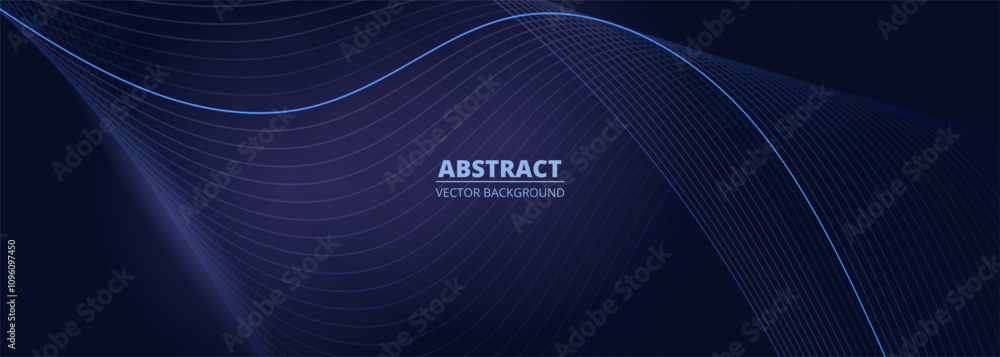 Poster dark blue vector wide abstract banner with glowing blue wavy lines. elegant digital technology wide 