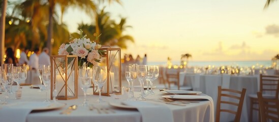 A picturesque outdoor dining setup at sunset, featuring elegantly arranged tables, flowers, and a serene beach view.