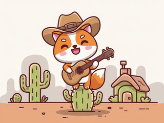 Cute fox playing guitar in desert setting with cactus and cowboy hat