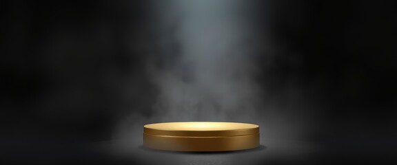 A single empty golden podium with a black wall over the background of white smoke in the dark, creating a dark, serene atmosphere with a hint of mystery