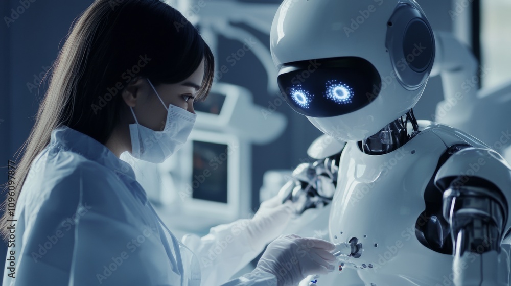 Poster a technician in a lab coat and mask is carefully conducting maintenance on a humanoid robot's chest 