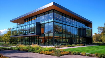 Modern glass building with landscaped surroundings and a clear blue sky.