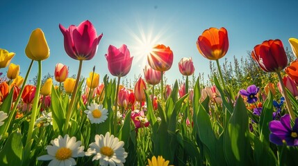 Colorful Tulips in a Sunlit Meadow