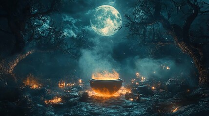 a cauld in the middle of a forest with a full moon in the background