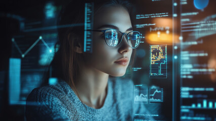 A female programmer is working on the screen, surrounded by code and graphs.