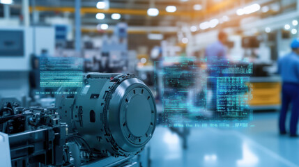 Fototapeta premium A futuristic manufacturing scene showcasing advanced machinery with digital data overlays in a factory setting.