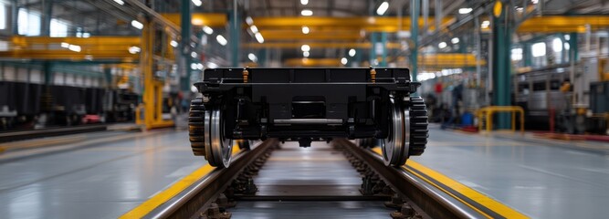 A close-up view of a train car's wheels on rails within a spacious industrial facility featuring overhead cranes and bright lighting.
