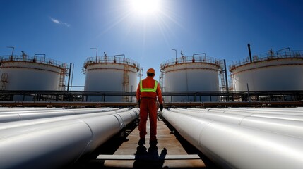 A worker in safety gear stands before large storage tanks and pipelines under a bright sun, showcasing an industrial oil facility.