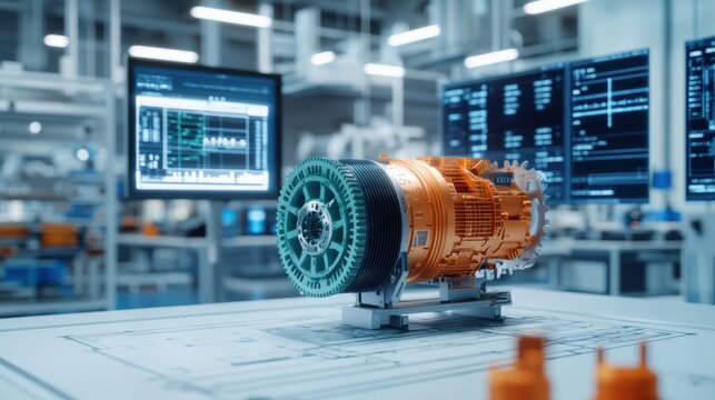 A detailed view of an electric motor on a table, surrounded by digital screens displaying technical data in a modern manufacturing facility.