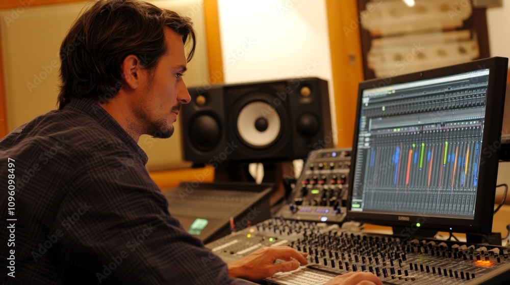 Poster music production session recording studio professional work creative environment close-up view sound