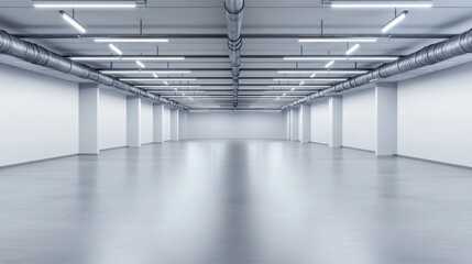 Fototapeta premium A spacious, empty interior with smooth flooring and minimalistic design, featuring white walls and overhead lighting, ideal for various uses.