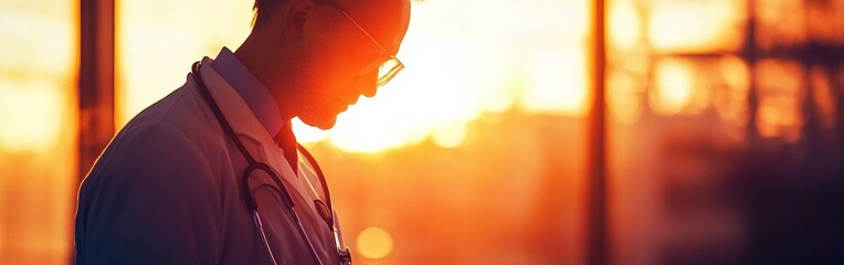 A medical professional stands in a hospital with a thoughtful expression as the sun sets outside, symbolizing dedication and the emotional burden of caregiving for patients