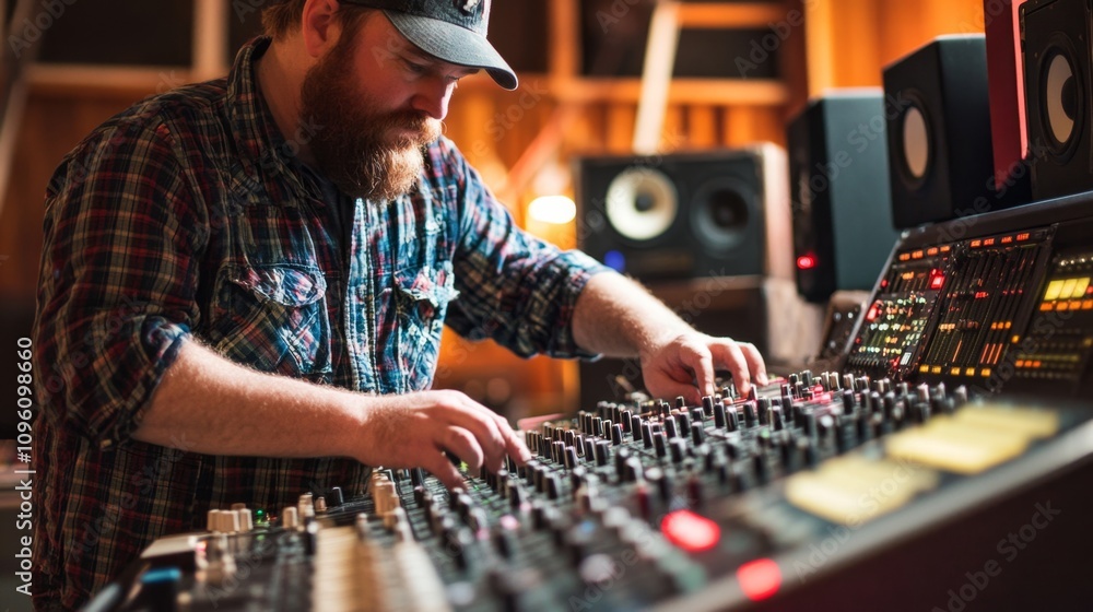 Poster music producer adjusting sound mixer in recording studio creative space audio session artistic envir