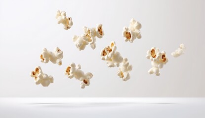 Fototapeta premium Falling popcorn on a white background. The popcorn texture is flying and falling. National popcorn day