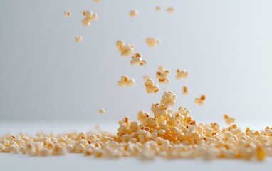 Falling popcorn on a white background. The popcorn texture is flying and falling. National popcorn day