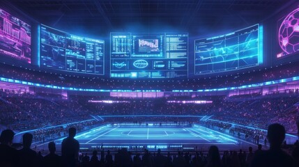 Exciting soccer match simulation futuristic stadium digital interface high-tech environment spectator view sports innovation