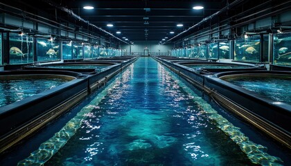 Obraz premium A spacious aquatic facility with large tanks for marine life observation and research.