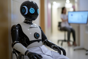 A humanoid robot sits quietly in an office setting, showcasing advanced technology. In the background, a person works at a computer, highlighting collaboration between humans and machines