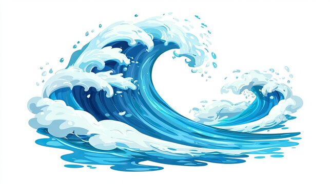 High waves, split in the middle, with a certain height, pure white background, flat illustration style,