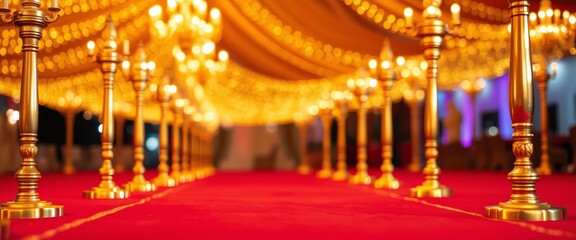 Obraz premium Red carpet, night event with blurred lights and peoples crowd