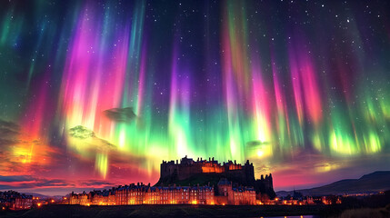 A Stunning Display of the Aurora Borealis Illuminates a Cityscape, Creating a Mesmerizing Night Sky with Vibrant Colors and a Starry Background