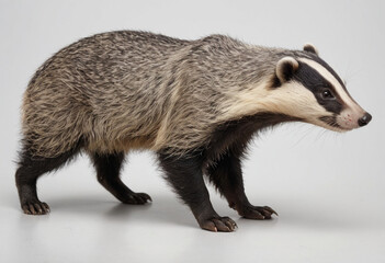 Obraz premium standard Badger right side view. Full figure visible, flat white background, no shadows, head and legs visible, ultra detailed, photorealistic 400mm lens, low angle 