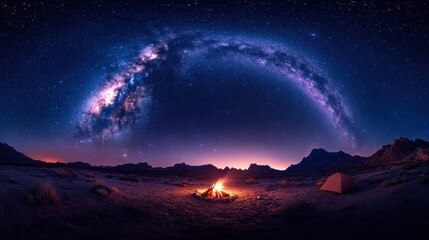 A serene night landscape featuring a campfire under a starry sky and mountains.