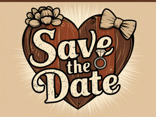 Fototapeta premium Rustic save the date heart design with ring, flowers, and bow