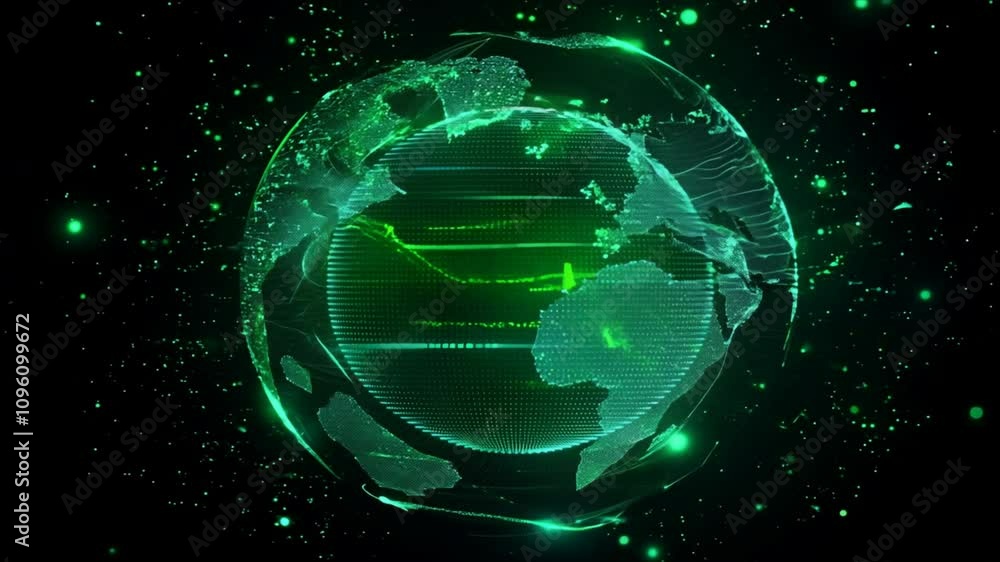 Poster glowing green digital globe network of innovation and connectivity across continents, showcasing dat