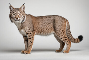  standard Bobcat right side view. Full figure visible, flat white background, no shadows, head and legs visible, ultra detailed, photorealistic 400mm lens, low angle 