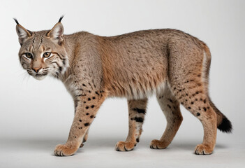 Obraz premium standard Bobcat right side view. Full figure visible, flat white background, no shadows, head and legs visible, ultra detailed, photorealistic 400mm lens, low angle 