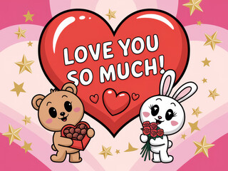 Cute bear and bunny with heart and flowers express love and affection