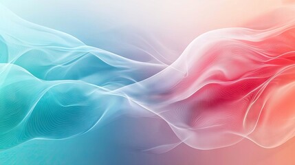 Fototapeta premium In an abstract shape resembling flowing water waves background, with an organic shape in white, background is light gradient of blues,red 