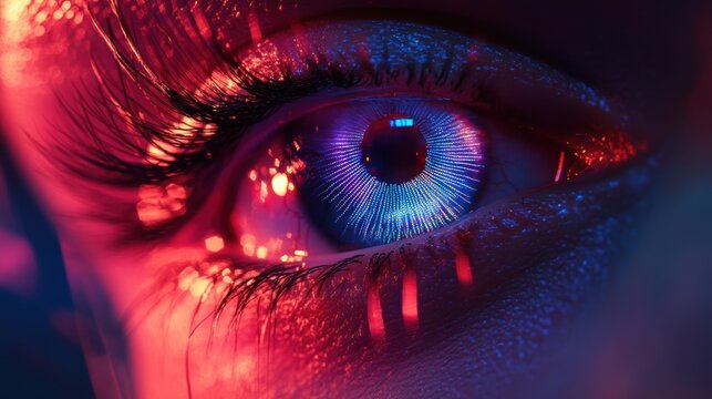 human eye zoomed in laser show iris with a big rave mirroring inside it, very detailed human eye, big rave, big laser show, big party, hardstyle, Lighting, Global Illumination, Ray Tracing Reflections