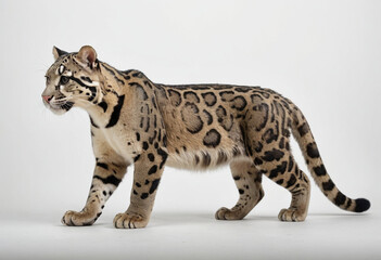  standard Clouded Leopard right side view. Full figure visible, flat white background, no shadows, head and legs visible, ultra detailed, photorealistic 400mm lens, low angle 