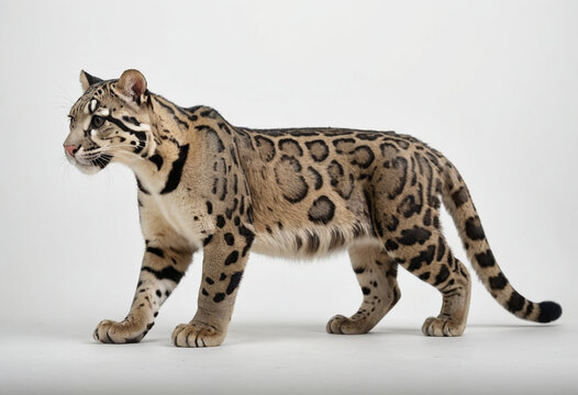  standard Clouded Leopard right side view. Full figure visible, flat white background, no shadows, head and legs visible, ultra detailed, photorealistic 400mm lens, low angle 