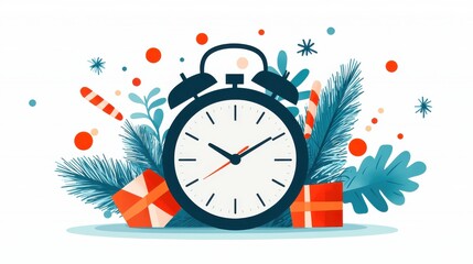 Flat Design Countdown Clock Surrounded by Festive Elements and Holiday Decorations