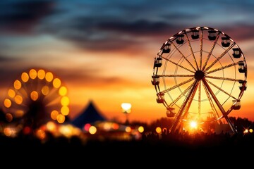 Family Enjoying a Hyper-Realistic Amusement Park Scene at Sunset with Ferris Wheel
