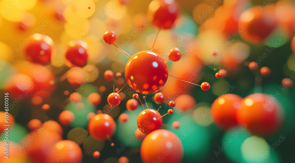 Poster bright red molecular structures floating amidst a colorful background in an abstract representation 