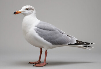 Fototapeta premium standard Seagull right side view. Full figure visible, flat white background, no shadows, head and legs visible, ultra detailed, photorealistic 400mm lens, low angle 