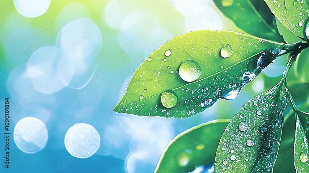 Aufkleber refreshing dew-drop covered green leaves in vibrant sunlit background : generative ai