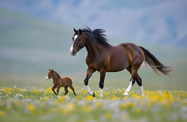 Obraz premium Majestic horse and foal trotting through a blooming meadow in the early morning light