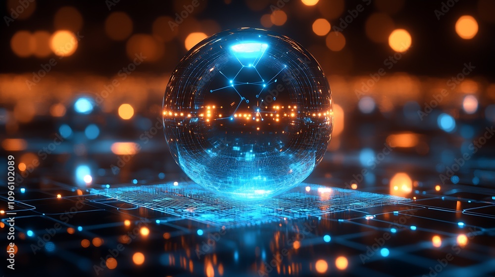 Fototapete futuristic digital sphere with glowing nodes on circuit board background : generative ai